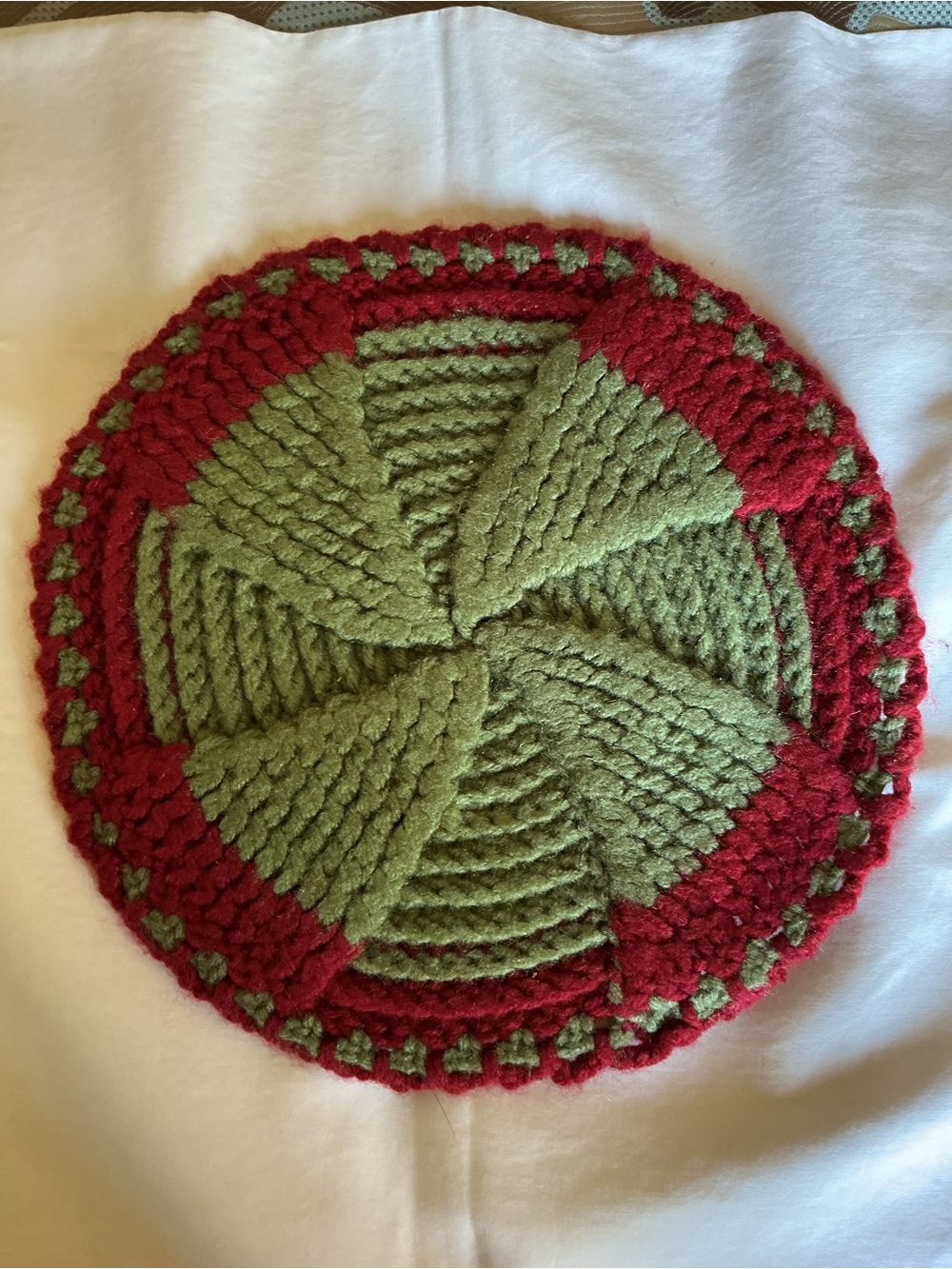 Handmade Green and Red Crocheted Round Trivet - Picture 2 of 2